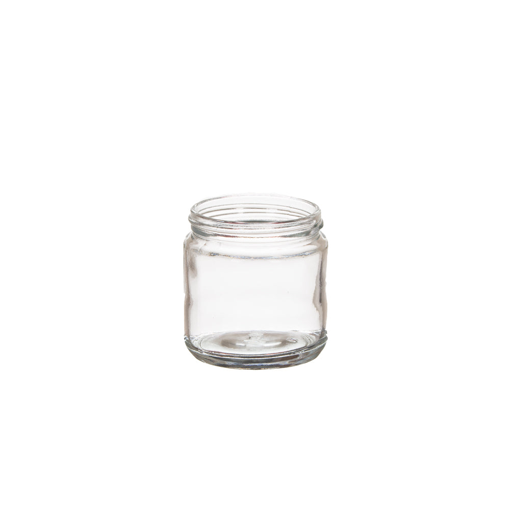 Glass clear jar round 100ml with silver aluminium screw lid. Second pic for example!
