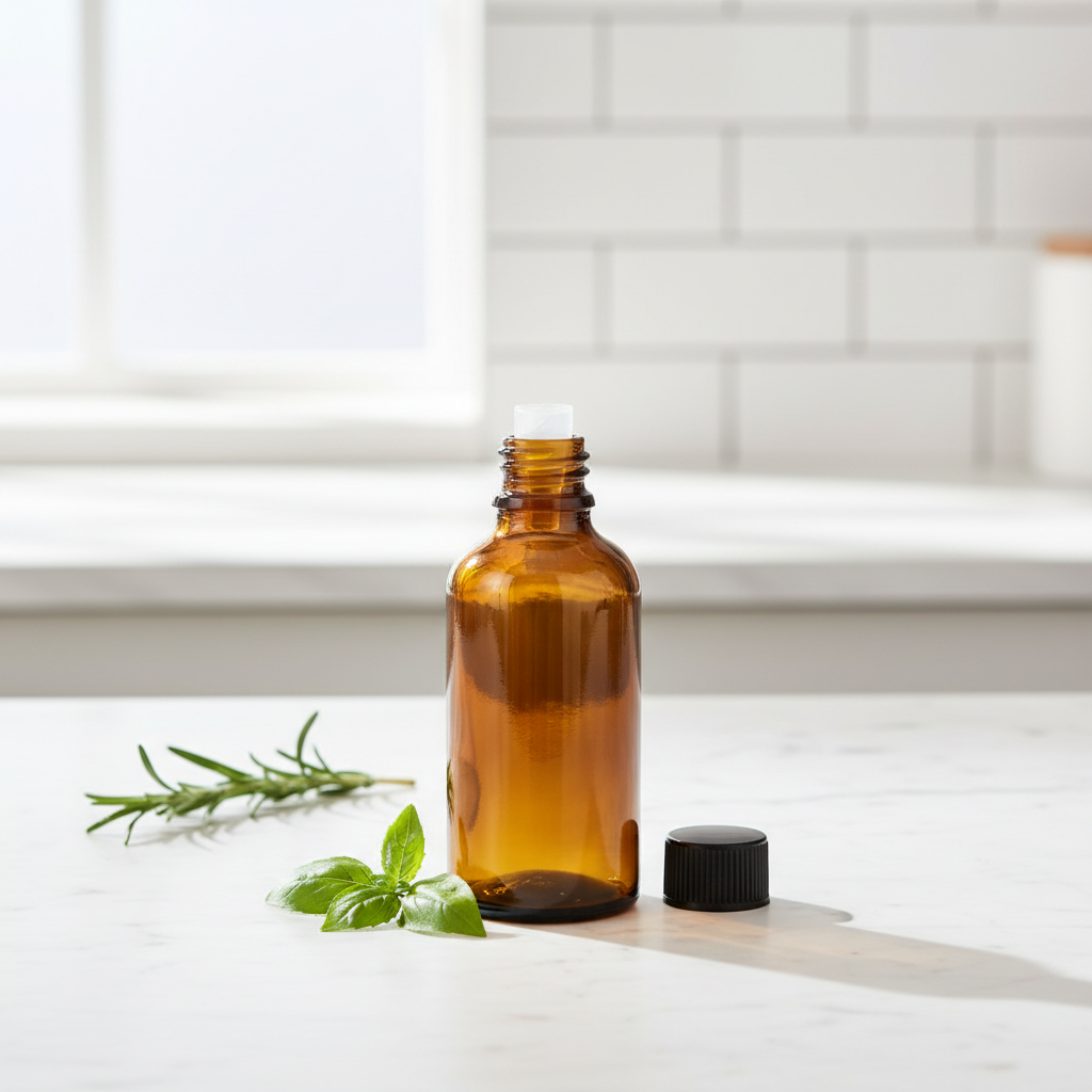 50ml amber glass bottle - kitchen setting
