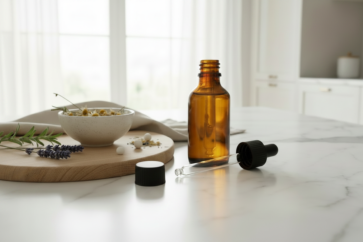 Pipette and Open Amber Bottle Kitchen Setting