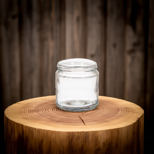 Glass clear jar round 100ml with silver aluminium screw lid. Second pic for example!